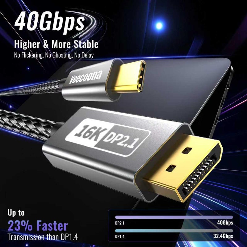 Veecoona USB-C to DisplayPort 2.1 Cable 6.6FT | 16K@30Hz 8K@120Hz 4K@240Hz 40Gbps, Thunderbolt 4/3 to DisplayPort 2.1 Cord [Thunderbolt 3/4/5 Compatible] for iPhone 16/15,Galaxy S24,MacBook Pro/Air,iPad,XPS - Image 4